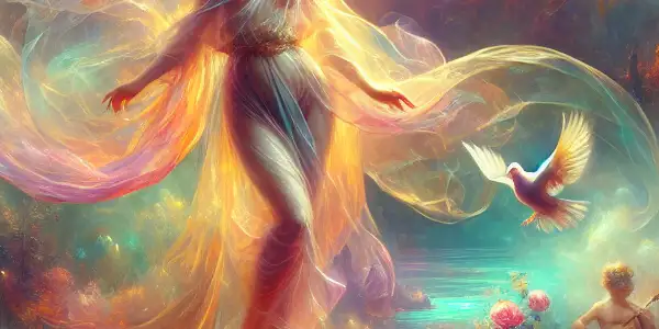 Aphrodite, goddess of love, surrounded by roses and doves, with Mount Olympus in the misty background.