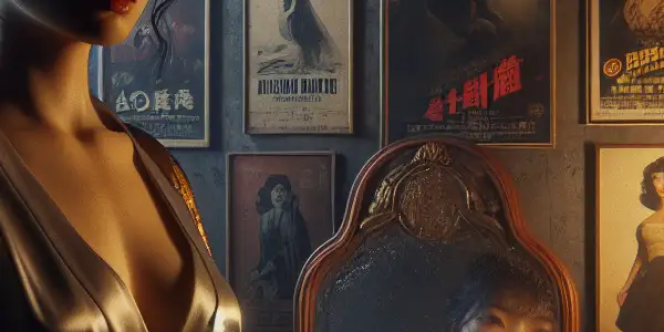 A female character in a dimly lit room surrounded by vintage movie posters, reflecting strength and vulnerability.