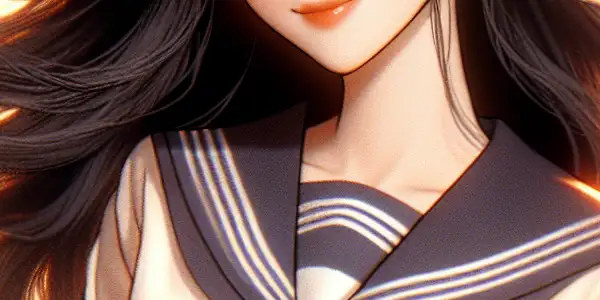 A playful character in a stylish school uniform amidst cherry blossoms, evoking nostalgia and romance.