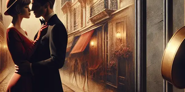 A romantic scene featuring two figures in a passionate embrace, set against a Parisian backdrop with elegant decor.