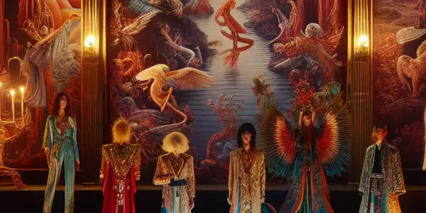 A vibrant scene of diverse characters in elaborate costumes, exploring playful role-playing in a whimsical, dreamlike landscape.