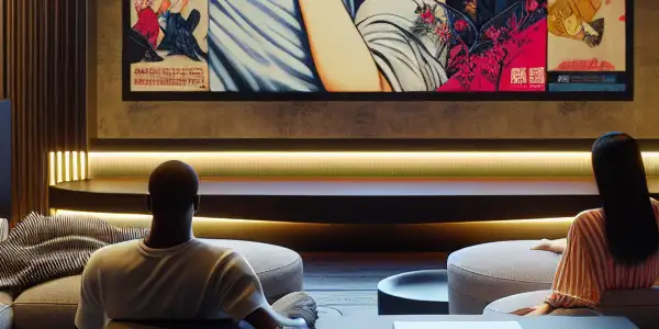 A cozy home theater featuring a couple watching colorful adult film artwork on a large screen, surrounded by Blu-ray cases.