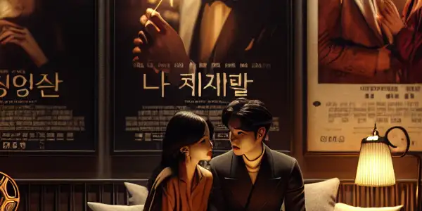 A cozy, dimly lit room with a couple sharing a tender moment, surrounded by cinematic elements and romantic posters.