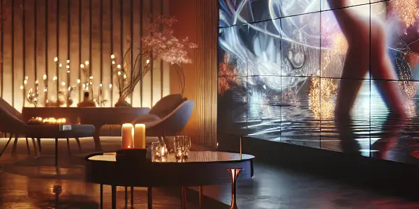 A luxurious, dimly lit lounge featuring high-definition screens displaying abstract visuals, creating a sensual and immersive atmosphere.