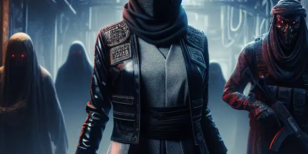 A determined female figure stands in a shadowy alley, confronting lurking malevolent figures, embodying justice against evil.