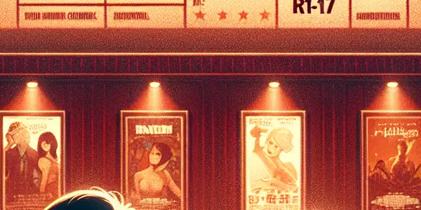 A dimly lit movie theater audience watches a screen displaying adult film ratings 'R18+' and 'NC-17'.