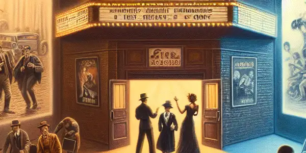 A triptych illustrating the evolution of the American adult film industry across three distinct eras.