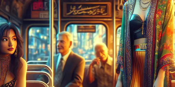 A bustling city bus interior filled with diverse passengers exchanging glances and emotions in a vibrant urban setting.