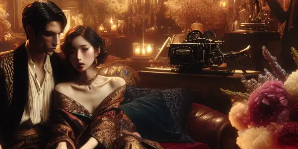 A luxurious, intimate scene featuring two elegantly dressed characters in a richly decorated, romantic setting.