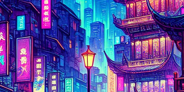 Vibrant Shantou nightlife scene with neon lights, diverse crowds, and hints of adult film culture.