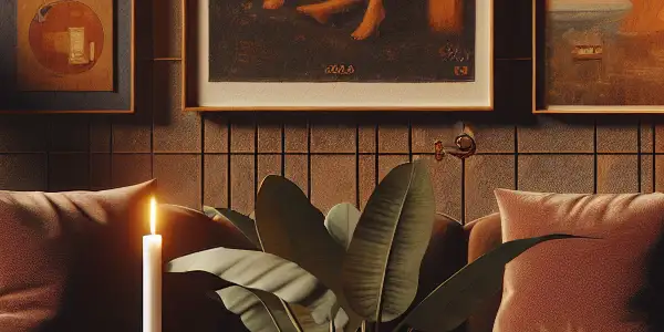 A cozy, dimly-lit room with tasteful decor, featuring a coffee table with adult magazines and a tablet for streaming.