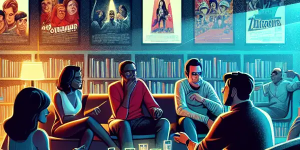 A cozy virtual room with diverse young adults discussing adult films among vibrant posters and soft lighting.