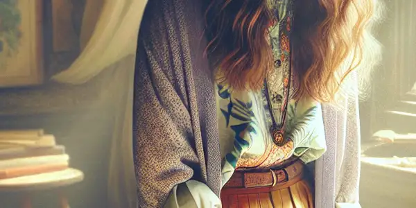 A young woman in a cozy, sunlit room, surrounded by books and petals, embodies innocence and curiosity.