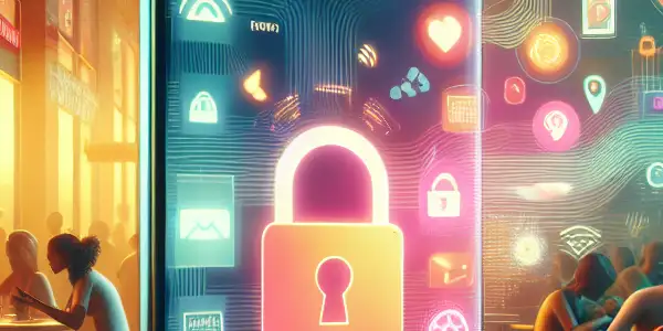 A modern smartphone displaying a vibrant video streaming interface in a cozy café setting with diverse people.