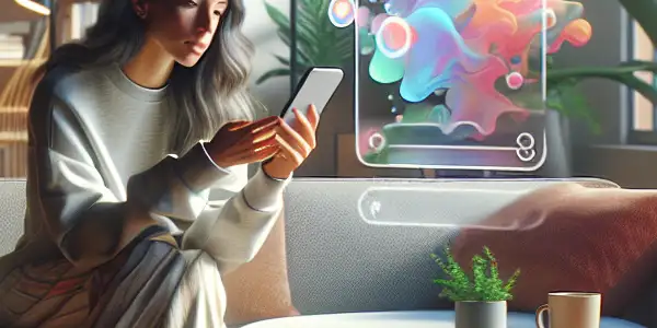 A young adult relaxes in a cozy living room, watching abstract content on a smartphone amidst stylish decor.