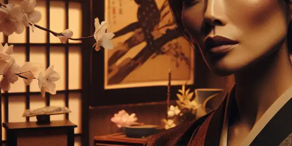 A sophisticated, mature woman in a suggestive kimono, set in a traditional Japanese home with cherry blossoms.