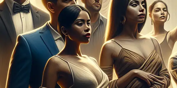 A diverse group of actors in elegant costumes captures awe-inspiring respect in a beautifully lit film studio.