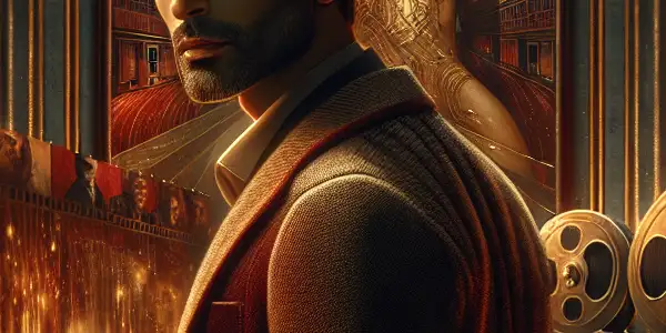 A sophisticated male film director on a luxurious set, embodying artistic exploration in French erotic cinema.