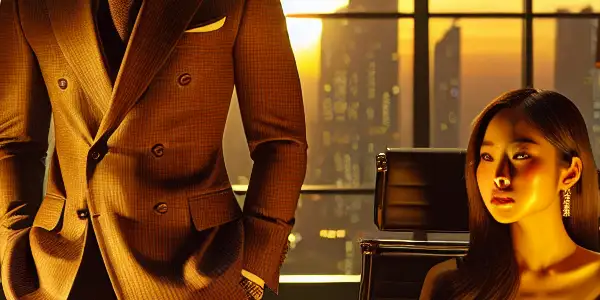 A charismatic CEO and a beautiful female executive share an intimate moment in a luxurious office at sunset.