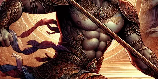 A heroic warrior wielding a magnificent spear in an ancient battlefield, surrounded by sensual imagery and vibrant colors.